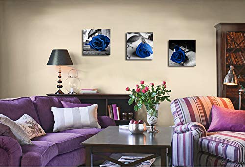 Blue Rose Flowers Book Canvas Wall Art 12x12 Set of 3 Framed Bedroom Decor (12 inch x 12 inch x 3 panels / Blue Flower Art)