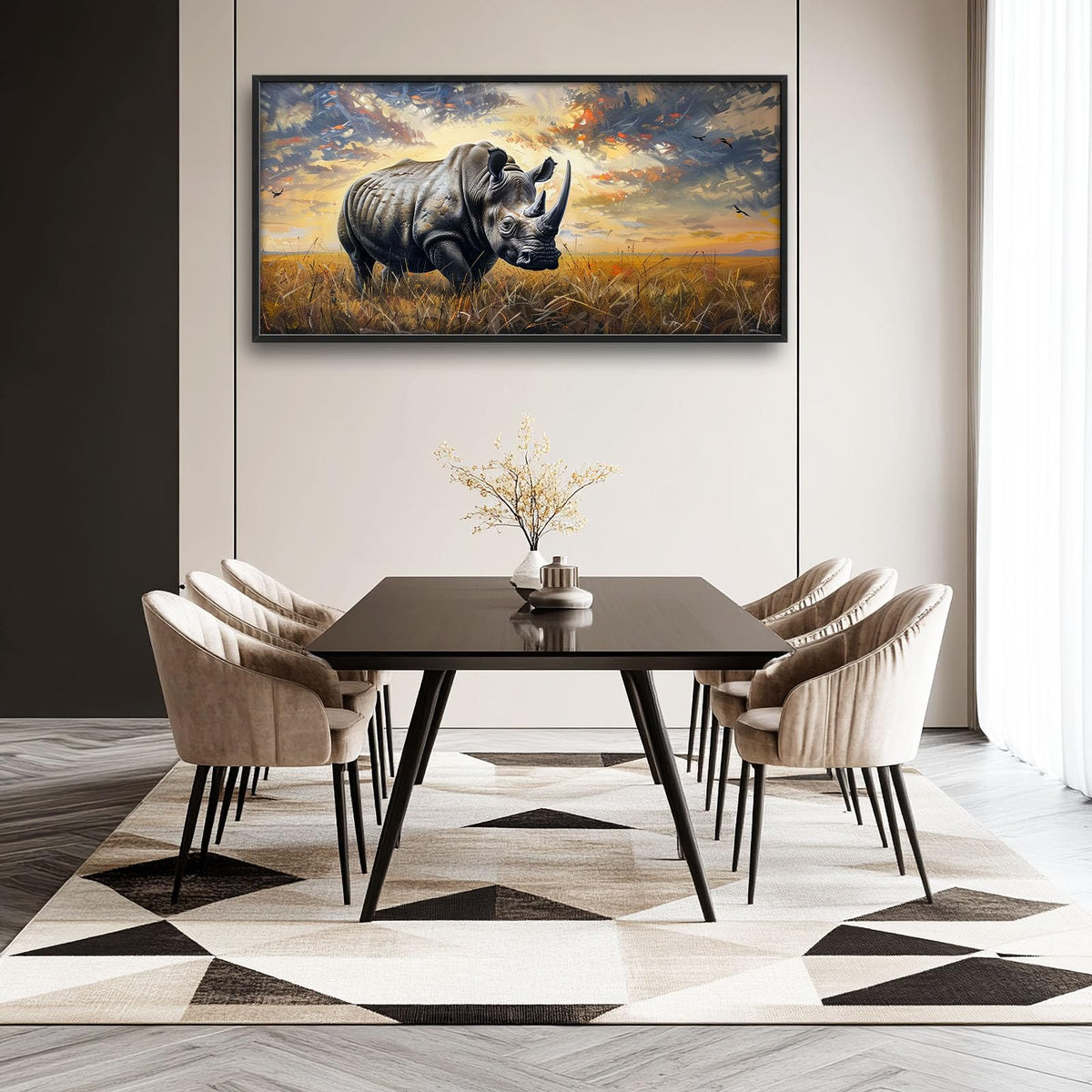 Rhino Large Wall Art Rustic Cool Wild Animal Rhinoceros Pictures Sunset Field Landscape Wall Decor Canvas Print Painting Artwork for Bathroom Living Room Bedroom 60L x 30W (Rhino / 60"L x 30"W)