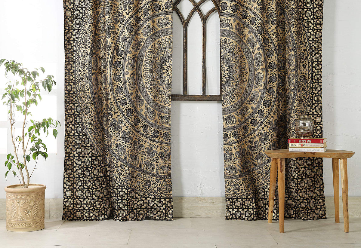 Indian Hippie Bohemian Beautiful Elephant Color Mandala Curtain Panels Black Gold (38"W x 83"L (Pack of 2) / Black Gold)