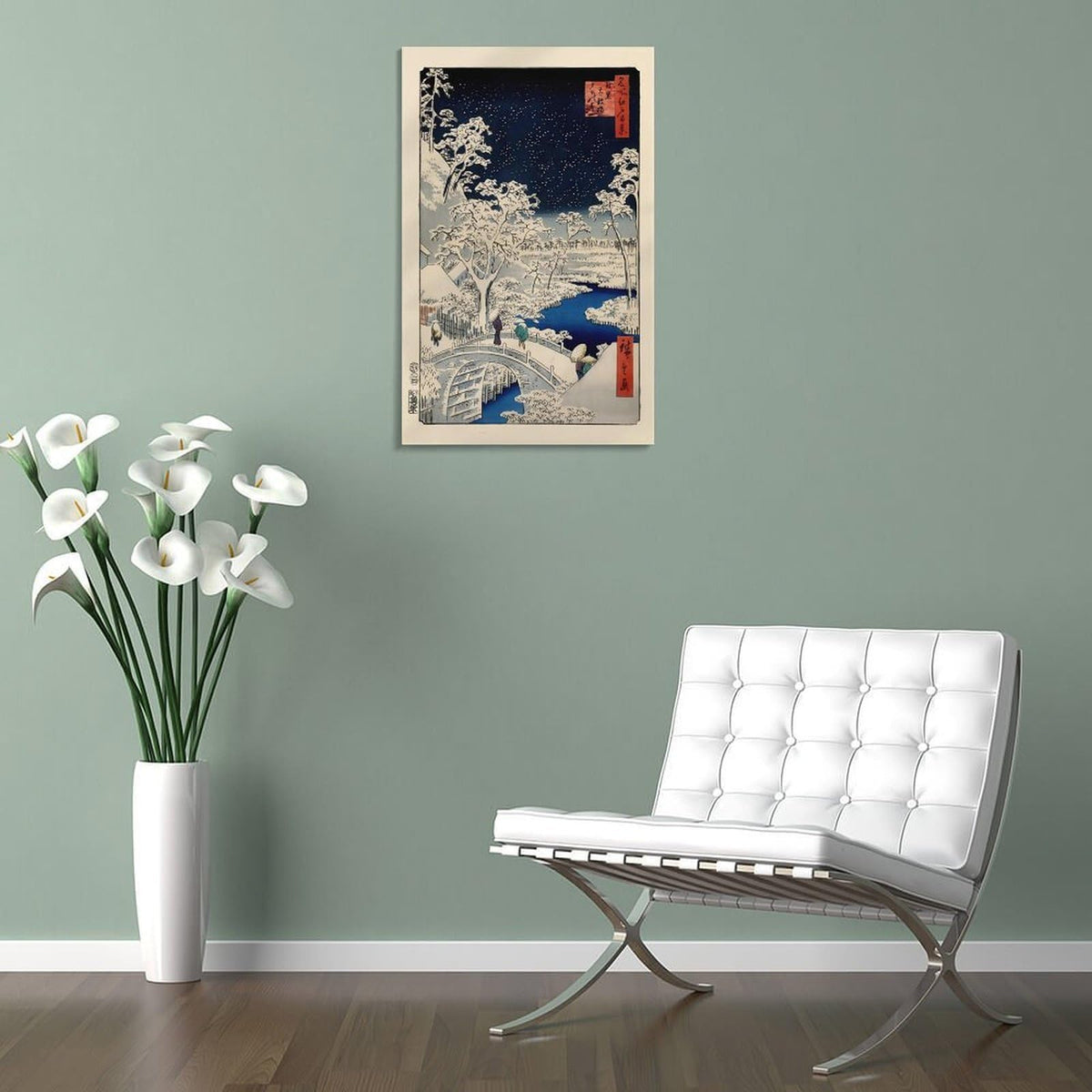 Hiroshige Ukiyo E Meguro Drum Bridge Canvas Printing Wall Art Japanese Winter Snow Starry Night Landscape Prints Wall Decor Posters for Living Room Bedroom Office Decor 24x36inch (style-12 / 24x36inch(60x90cm) Frame)