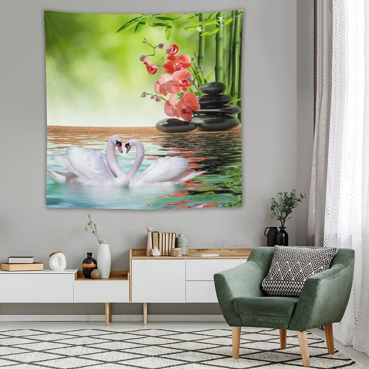 Spa Tapestry Wall Hanging Bamboo Orchid Red White Swan Spa Meditation Relaxing Art Tapestries Home Decor for Living Room Bedroom Farmhouse Kitchen Dorm 60"x60" (60"L x 60"W / Zen-6)