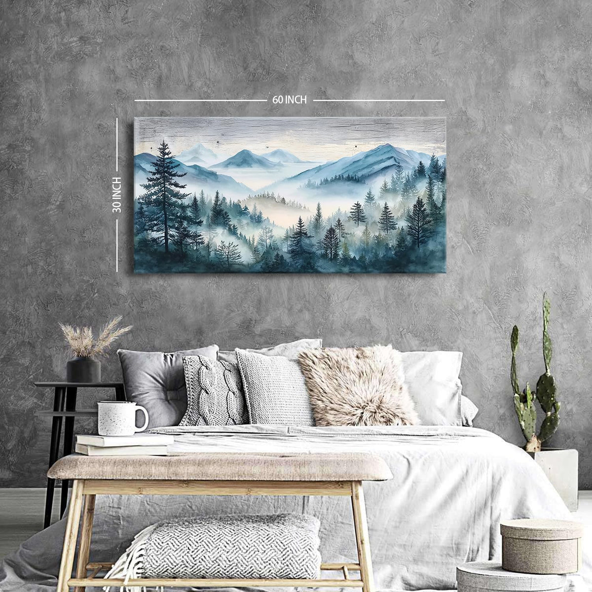 Big Foggy Forest Wall Art Abstract Smoky Mountain Wall Decor Vintage Rustic Landscape Picture Misty Pine Trees Painting Woody Mountains Poster Artwork for Bedroom Living Room Home Decorations 30x60" (57.8"L x 30"W / Misty Forest)