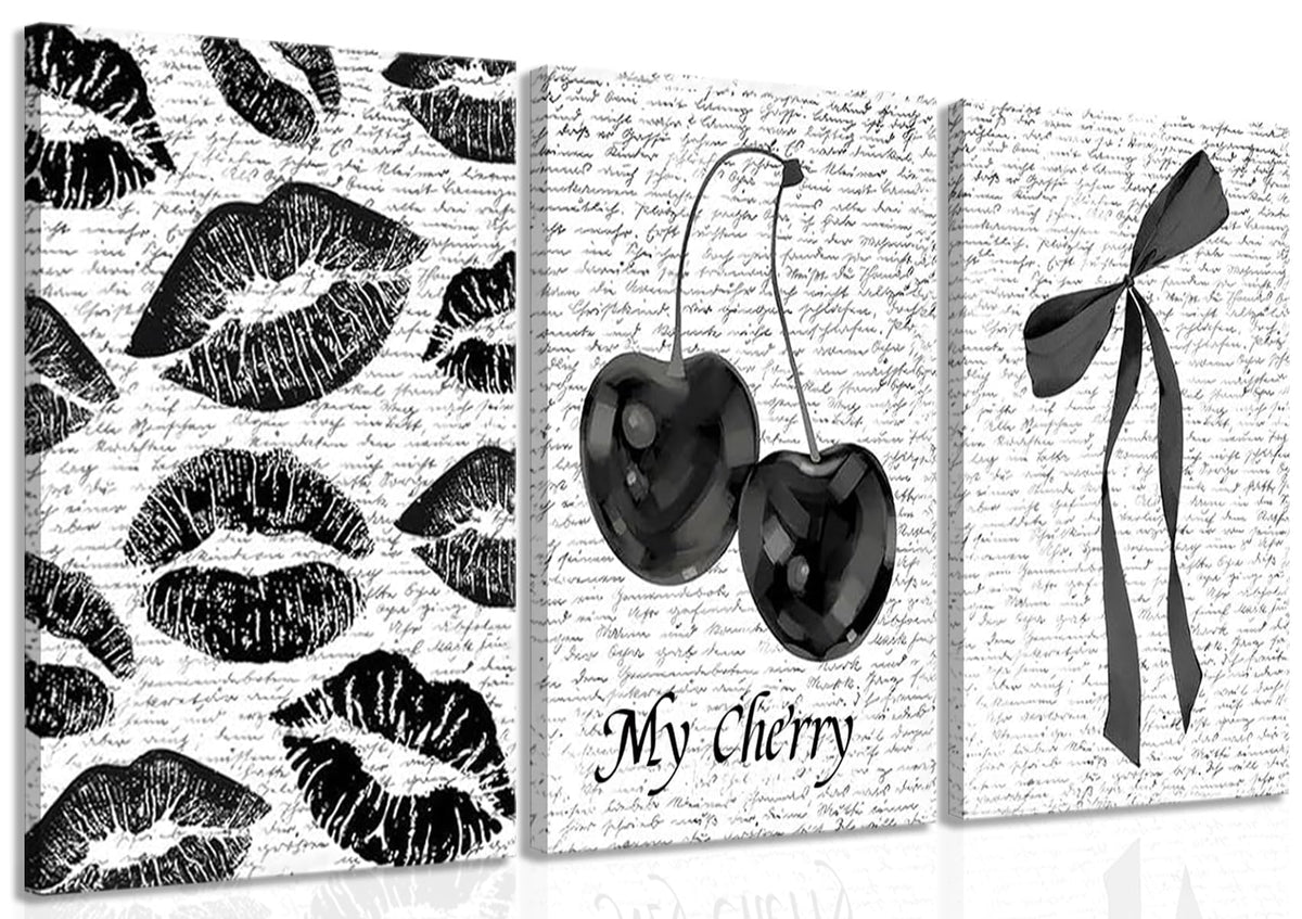 Black And White Canvas Wall Art Set of 3 (Black cherry canvas / 16L"x12W")