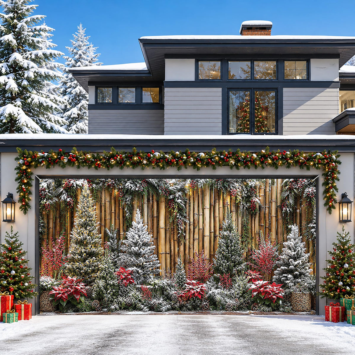 Garage Door Banner Cover 6x13ft Bamboo Fence Winter Scene Backdrop (Cedar-1)