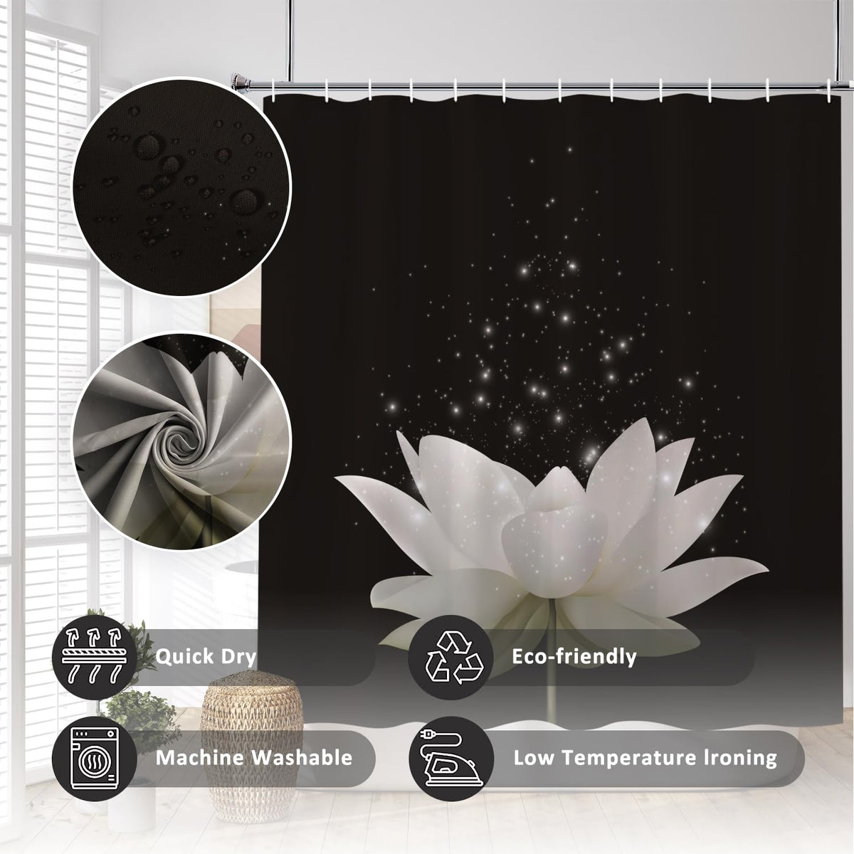 Spa Lotus Shower Curtains for Asian Zen Spa Washroom Decor Waterlily Floral Blossom Minimalist Black Bath Curtain for Bathroom Decor Art Print Waterproof Polyester Fabric with Hooks (72"W x 96"L (Pack of 1) / Black)