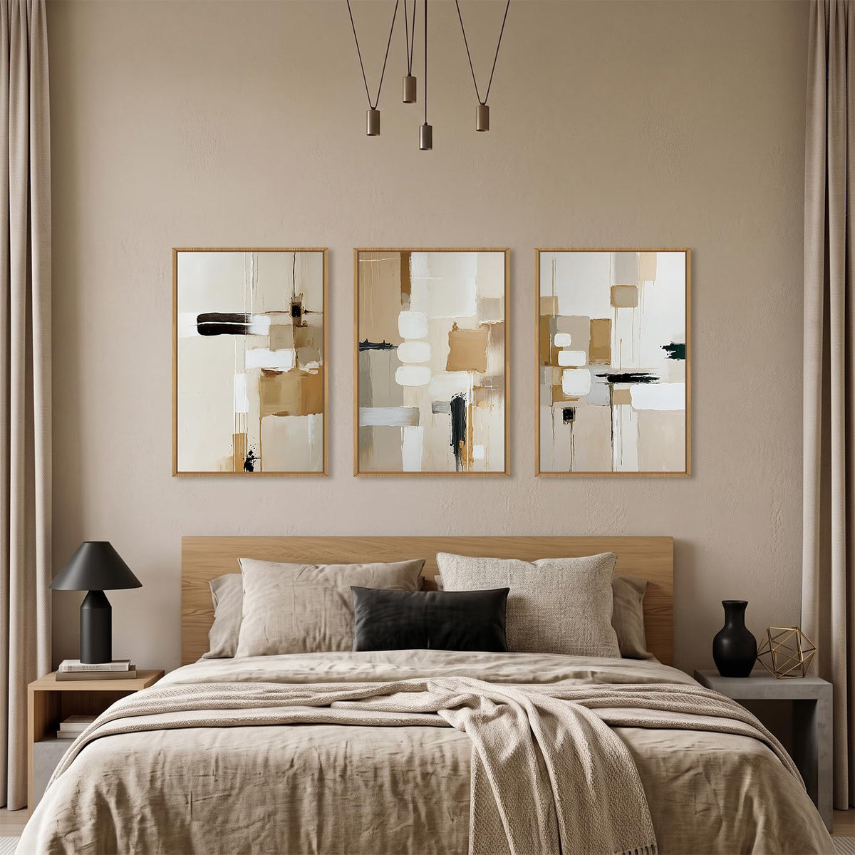 Large Abstract Beige Framed Canvas Wall Art Set (Beige Abstract Wall Art / 24"L x 36"W)
