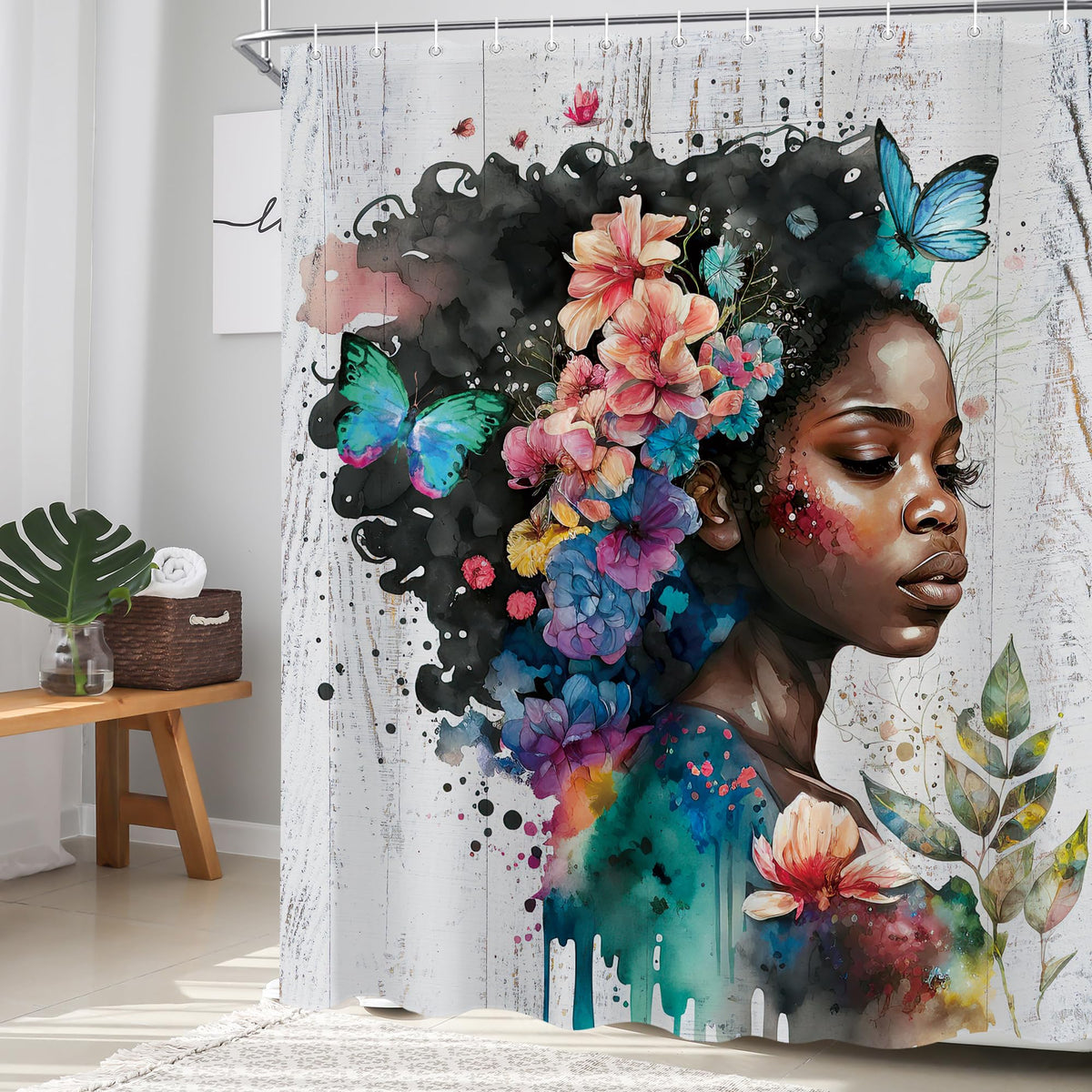 African American Black Girl Shower Curtain 60"X72" Afro Teal Flower Butterfly Shower Curtain Set for Bathroom Black Woman Wooden Lady Bathtub Curtain Decor Bathroom Curtain with 12 Hooks (60"W x 72"L (Pack of 1) / Black Girl Teal)