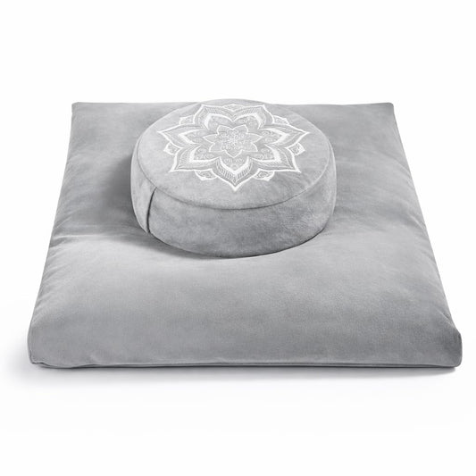 Meditation Zafu Cushion Set with Buckwheat Hulls & Memory Foam (Grey)