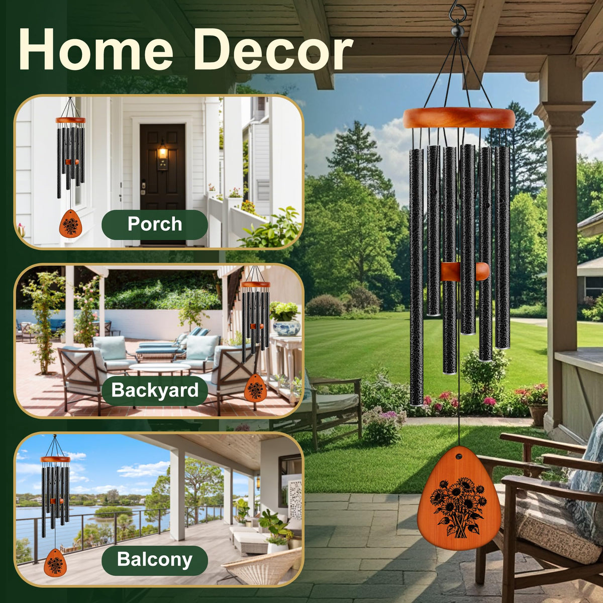 32" Matte Textured Aluminum Wind Chimes for Outdoor Patio & Garden (Black / 32")