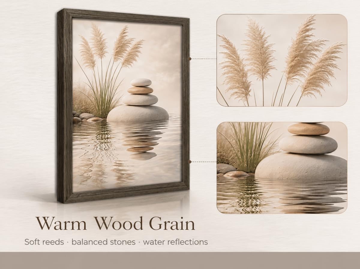 Wood Framed Zen Wall Art Stacked Balance Stones Botanical Canvas Print Zen Room Wall Decor for Spa Bathroom Yoga Studio Living Room Bedroom Office Study 8x10 Inch (Zen Stone / 10"L x 8"W)
