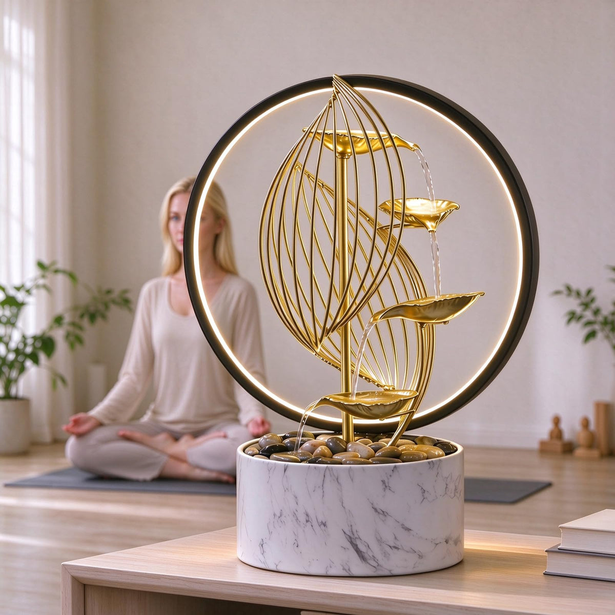 15 Inch Gold LED Metal Tabletop Water Fountain (Fssq)