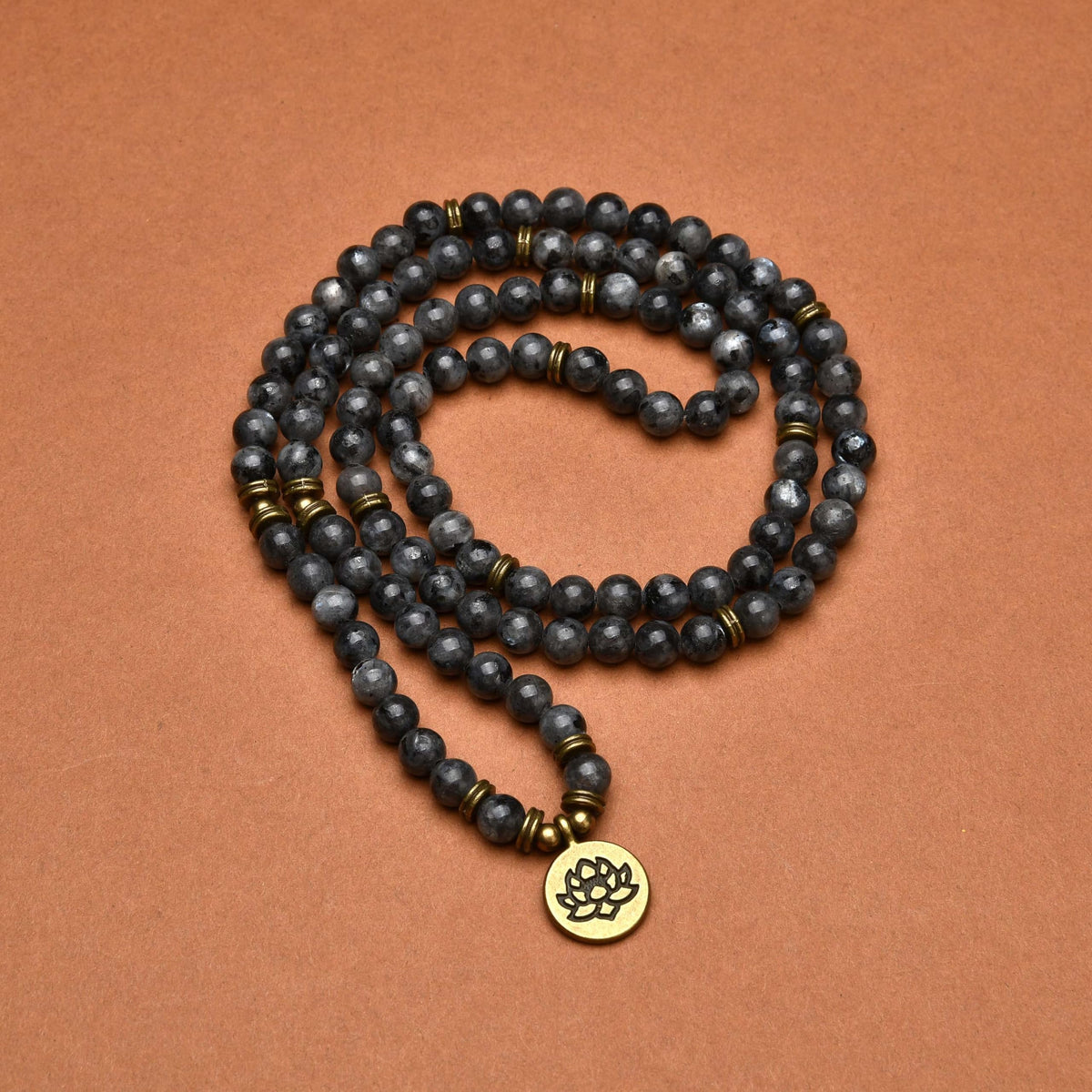 108 Healing Mala Beads Bracelet or Necklace with Gold Lotus Charm (Labradorite)
