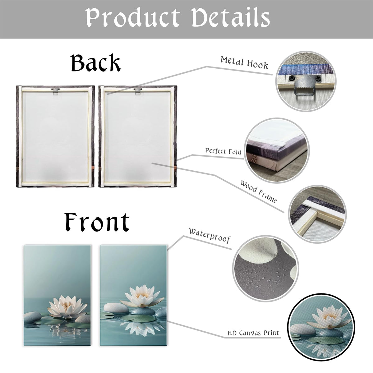 Zen Wall Art 2 Panel White Lotus Pebble In Water Picture Canvas Print Blooming Floral Poster Calming Painting Framed Artwork for Yoga Spa Room Decor (Artwork-1 / 12"x16"x2pcs)