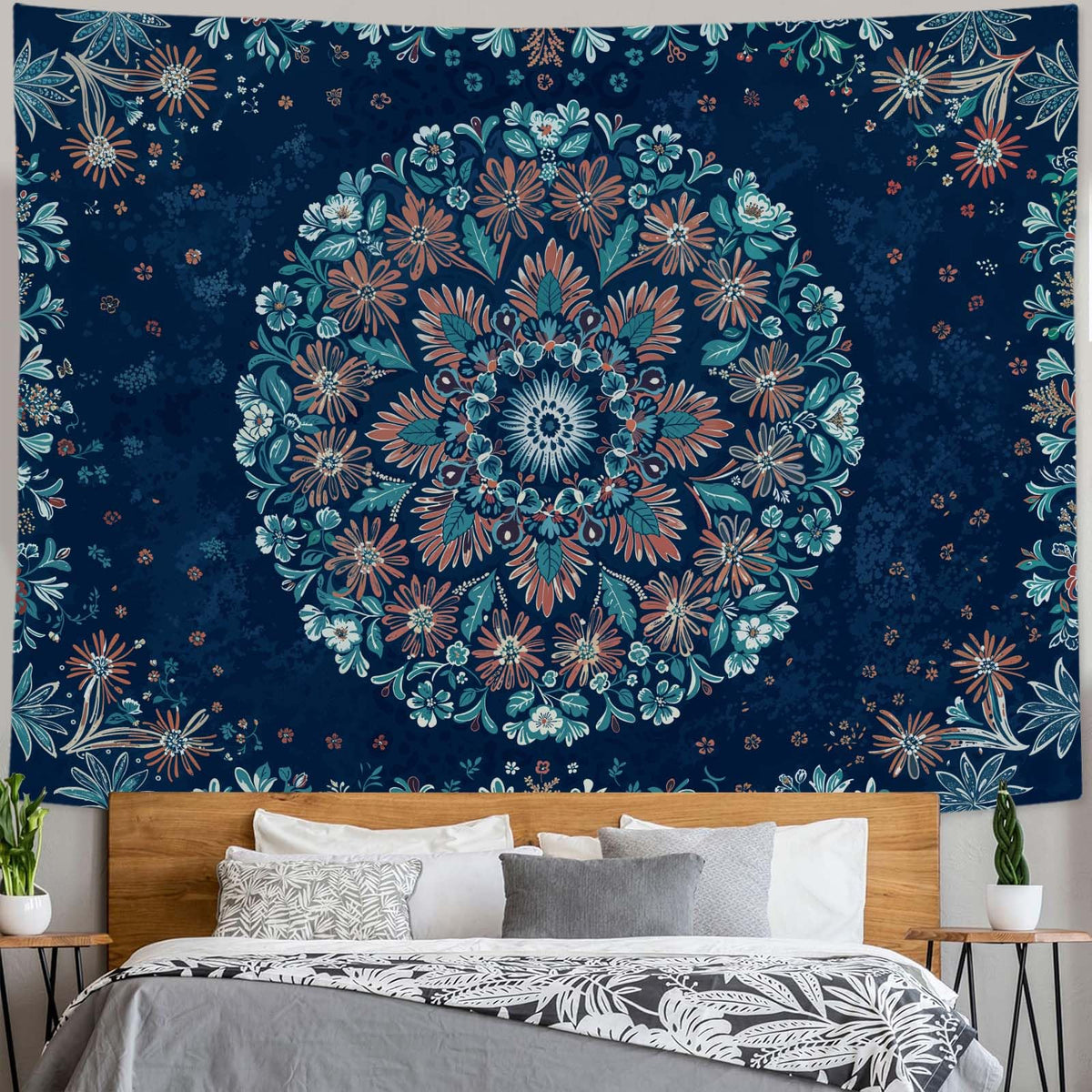 Boho Floral Mandala Tapestry Wall Hanging Blue Bohemian Flower Medallion Tapestry Aesthetic Vintage Navy Hippie Indian Large Tapestries for Bedroom Living Room Dorm Decor 80 x 60 Inch (Navy Blue / 80"L x 60"W)