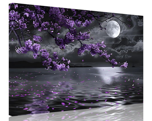 1 Pcs Purple Bedroom Pictures Wall Decor Purple Canvas Art Black and White Sea Night Full Moon Purple Flower Print on Canvas Purple Wall Picture for Room Decor Stretched and Framed 16x24 inch (24"L x 16"W / Purple Flower 10)