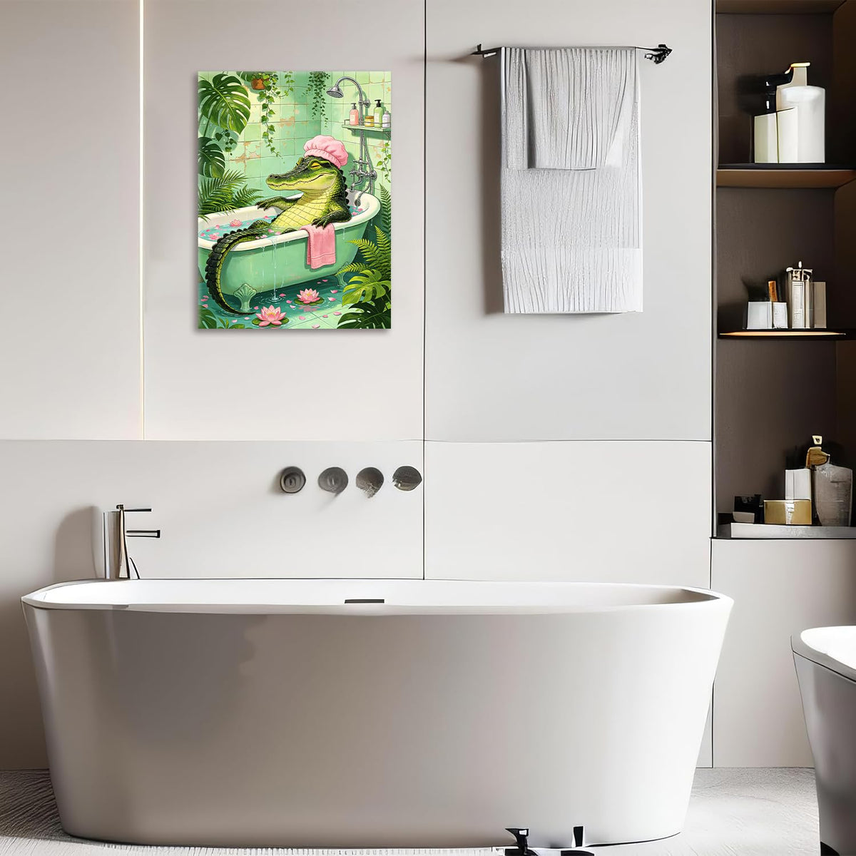 Bathing Crocodile Canvas Wall Art Funny Bathroom Framed ArtWork 20"x24" (Bathing Crocodile / 24"L x 20"W)