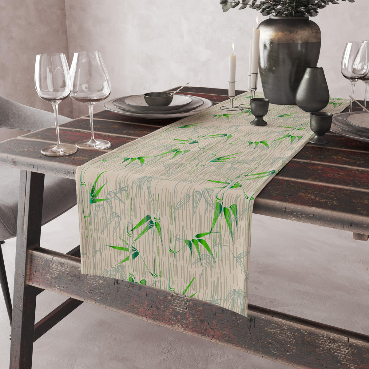 Bamboo Print Linen Table Runner (13x72inch / Green Bamboo)