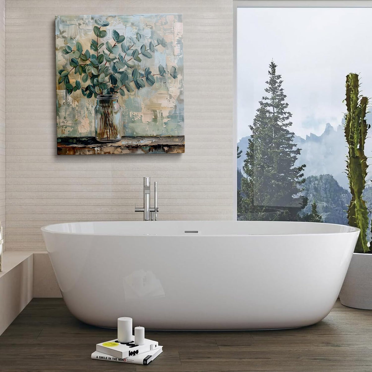 Botanical Canvas Wall Art Framed Eucalyptus Vase Neutral Decor 14x14 Inch (Eucalyptus Vase / 14"L x 14"W)