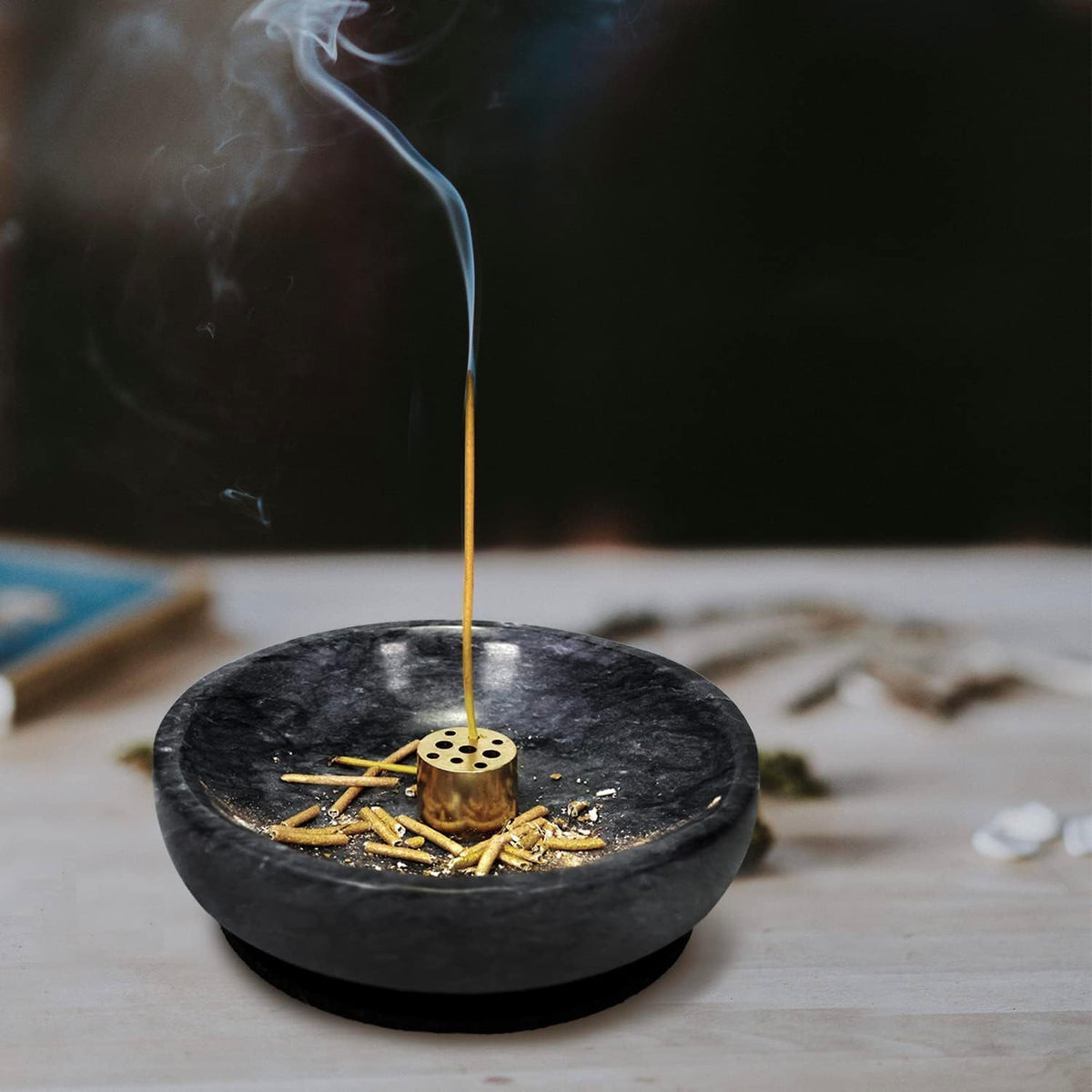 Handmade Natural Marble Incense Holder for Sticks and Cones (Black / Medium)