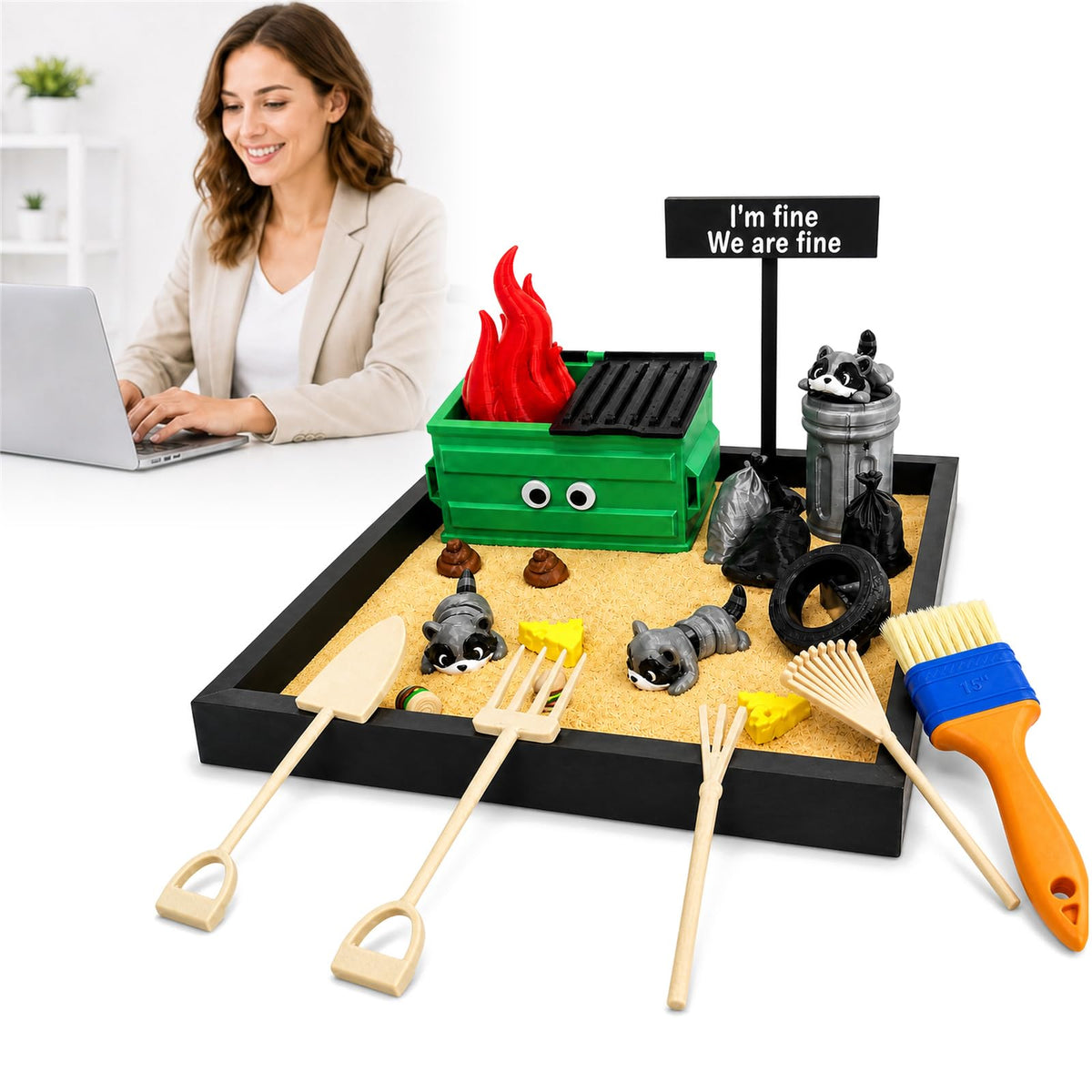 Dumpster Fire Zen Garden for Desk with Large 7.48 x 7.48 Inch Tray and Rake (Black)