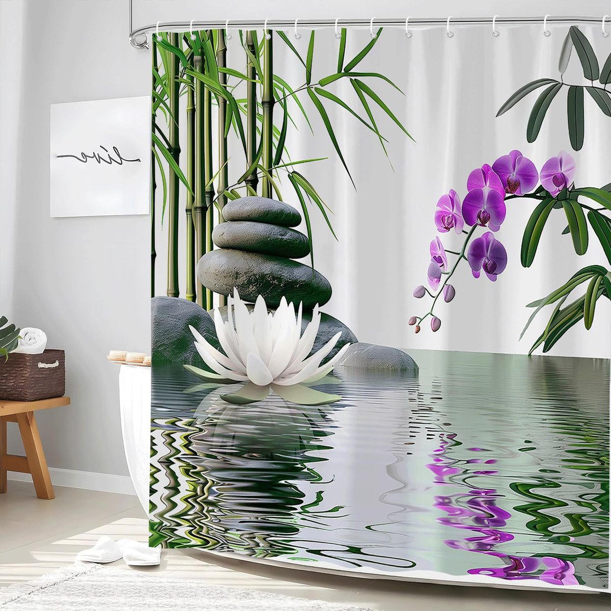 Zen Shower Curtain Green Leaf Floral Purple Flower Lotus Black Stone Japanese Garden Relax Meditate Spring Nature Theme Rustic Polyester Curtains Bathroom Decor Set with Hooks 70Wx80H Inch (70"W x 78"L (Pack of 1))