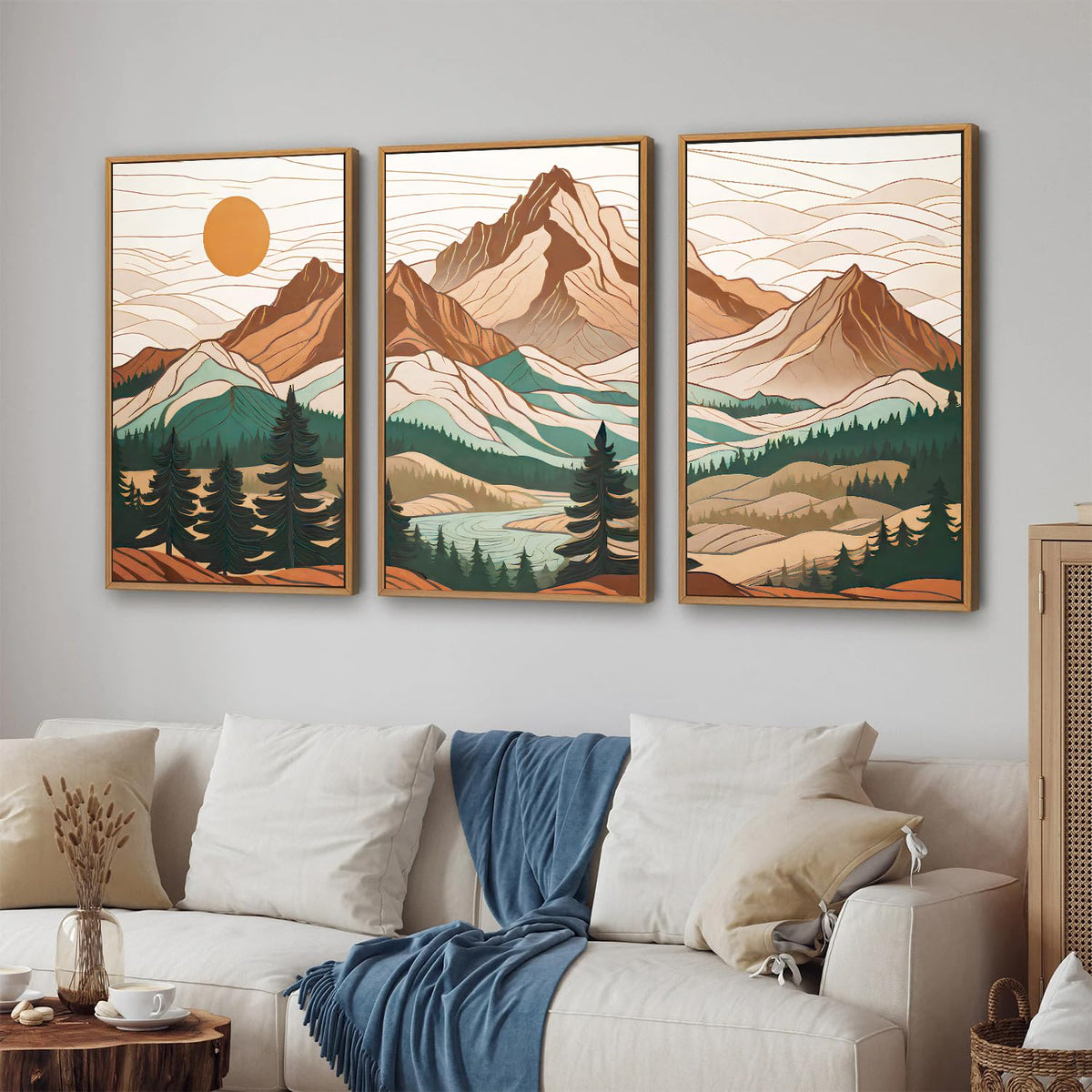 Mountain Framed Canvas Wall Art Set of 3 (Sunrise Forest Woodland Landscape / 24"L x 16"W)