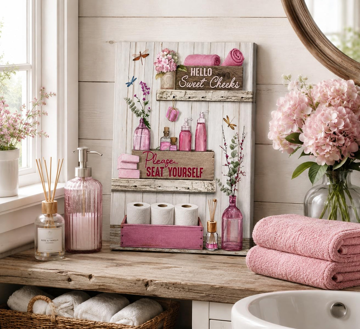 Pink Bathroom Canvas Wall Art 12x16Inches (Pink Canvas / 16"L x 12"W)
