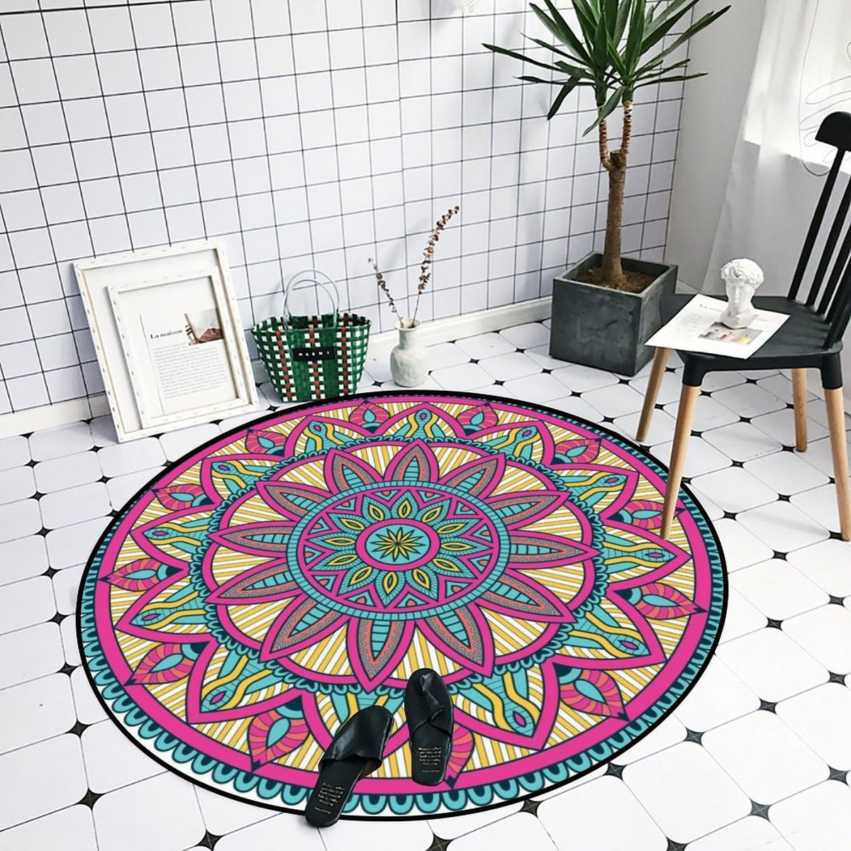 Round Area Rugs 2 FT Washable Non Slip Circle Rug (Hotpink Mandala Pattern / 2' (Round))