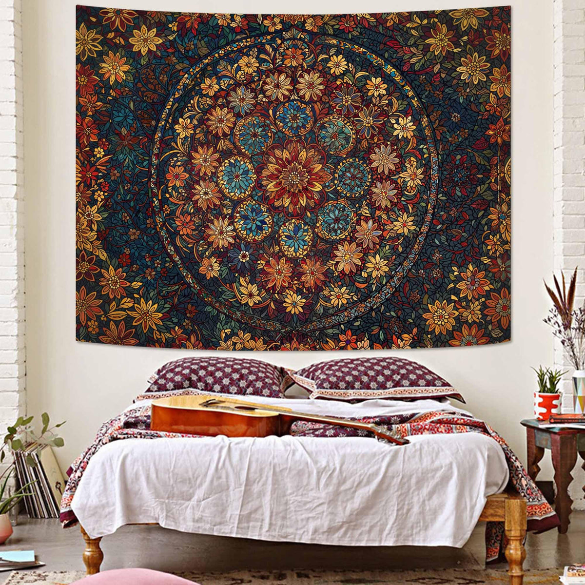 Boho Floral Mandala Tapestry Wall Hanging Vintage Bohemian Flower Medallion Tapestry Aesthetic Orange Stained Glass Hippie Small Tapestries for Bedroom Living Room Dorm Decor 48 x 36 Inch (Orange Brown / 48"L x 36"W)