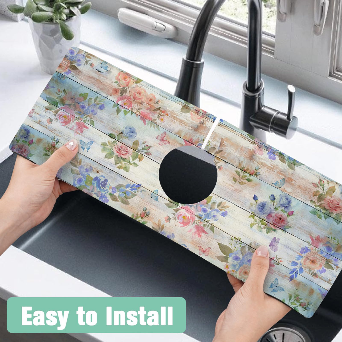 Kitchen Sink Splash Guard Faucet Mat 24" X 5.5" Wooden Floral Absorbent Fast Drying Mat Faucet Draining Mat Sink Splash Guard Behind Faucet Drip Catcher for Kitchen Bathroom (24*5.5in / wood floral)
