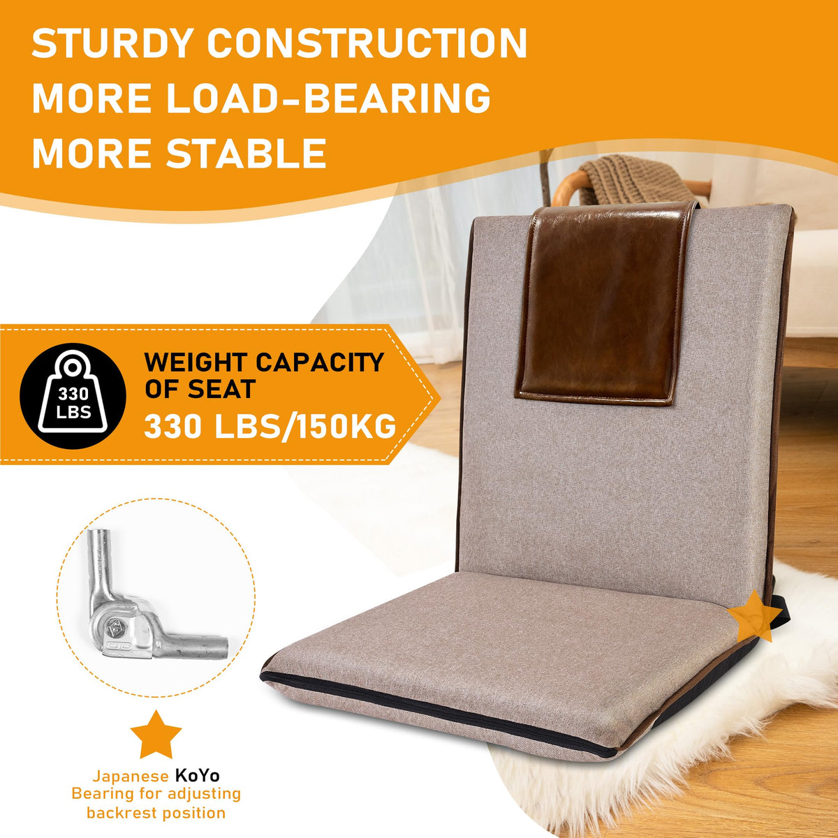 Floor Chair with Back Support Foldable Meditation Seat (Glossy Brown)