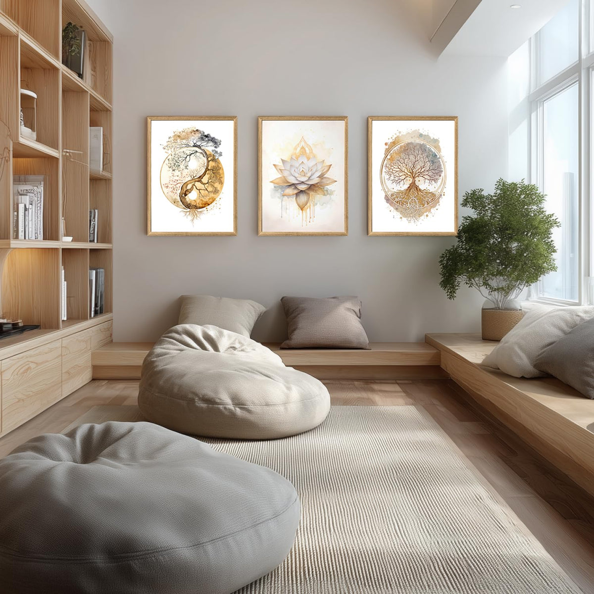 Wood Framed Tree of Life Spiritual Wall Art Set of 3 (White-Gold(Wood) / 24"L x 16"W)