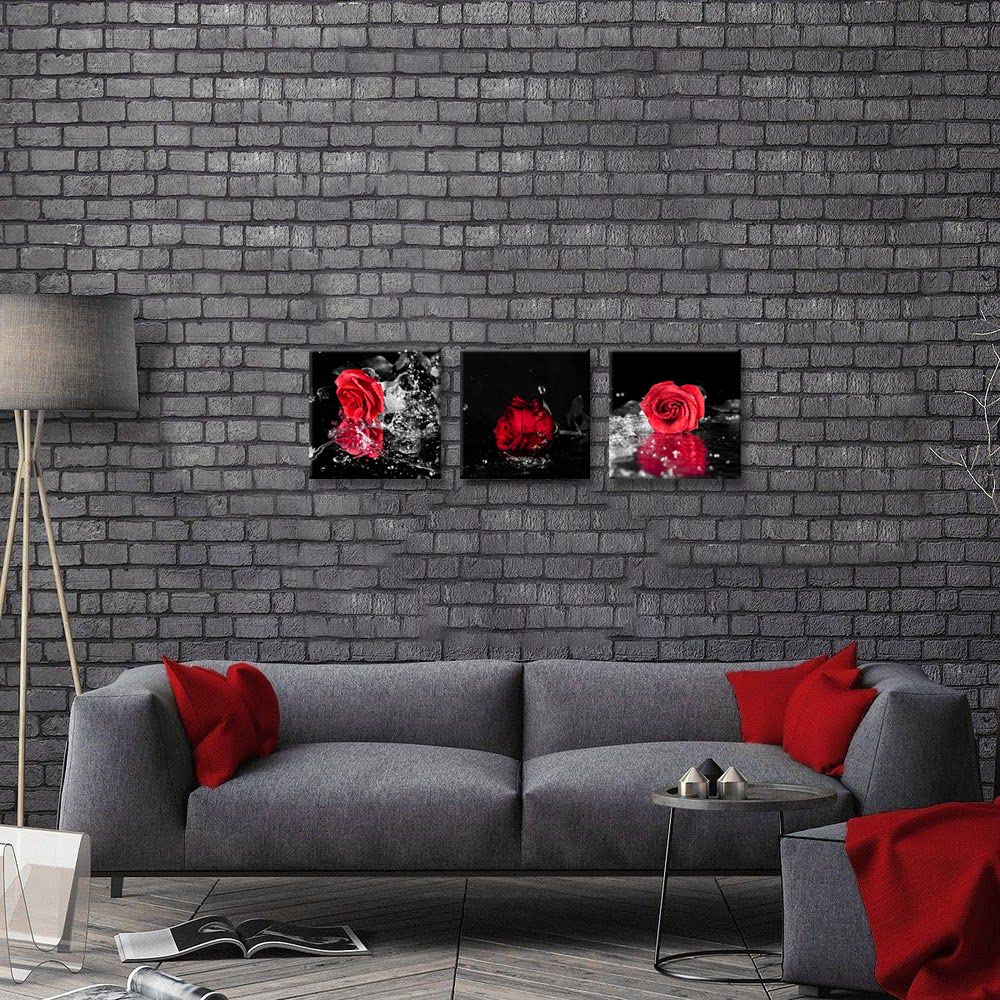 3 Pcs Modern Canvas Painting Black and White Red Rose Canvas Art Rose and Water Drops Wall Art Flower Picture on Canvas for Home Decor Giclee Framed Artwork for Wall 14X14inchX3pcs (14 x 14 inches (3-Piece Set) / Rose & Drops)