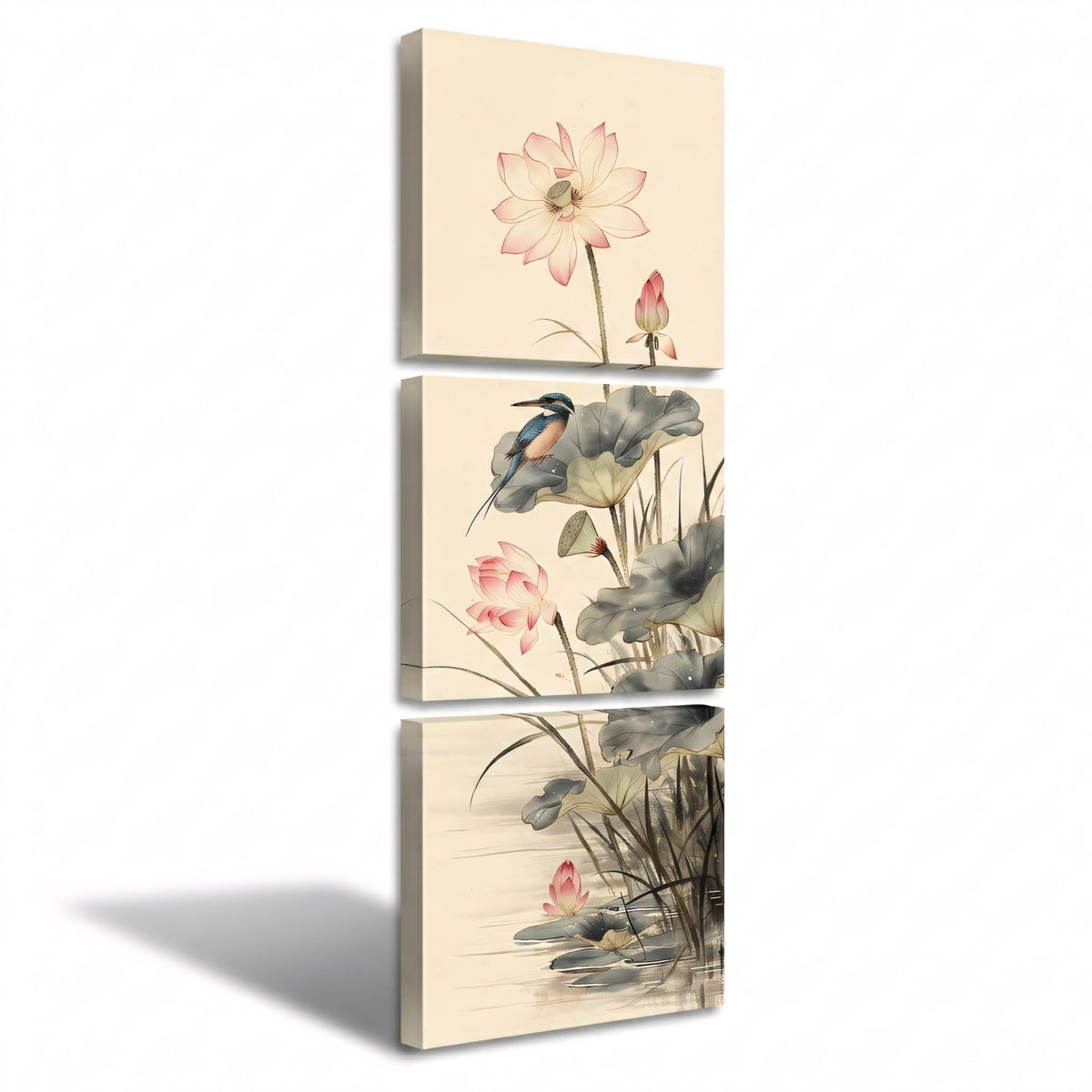3Pcs Traditional Chinese Lotus Flower Kingfisher Canvas Wall Art Print Pink Blooming Lotus Asian Pictures Prints for Living Room Bedroom Bathroom Decor Zen Botanical Artwork Ready to Hang (Lotus and Kingfisher / 16x16inchx3)
