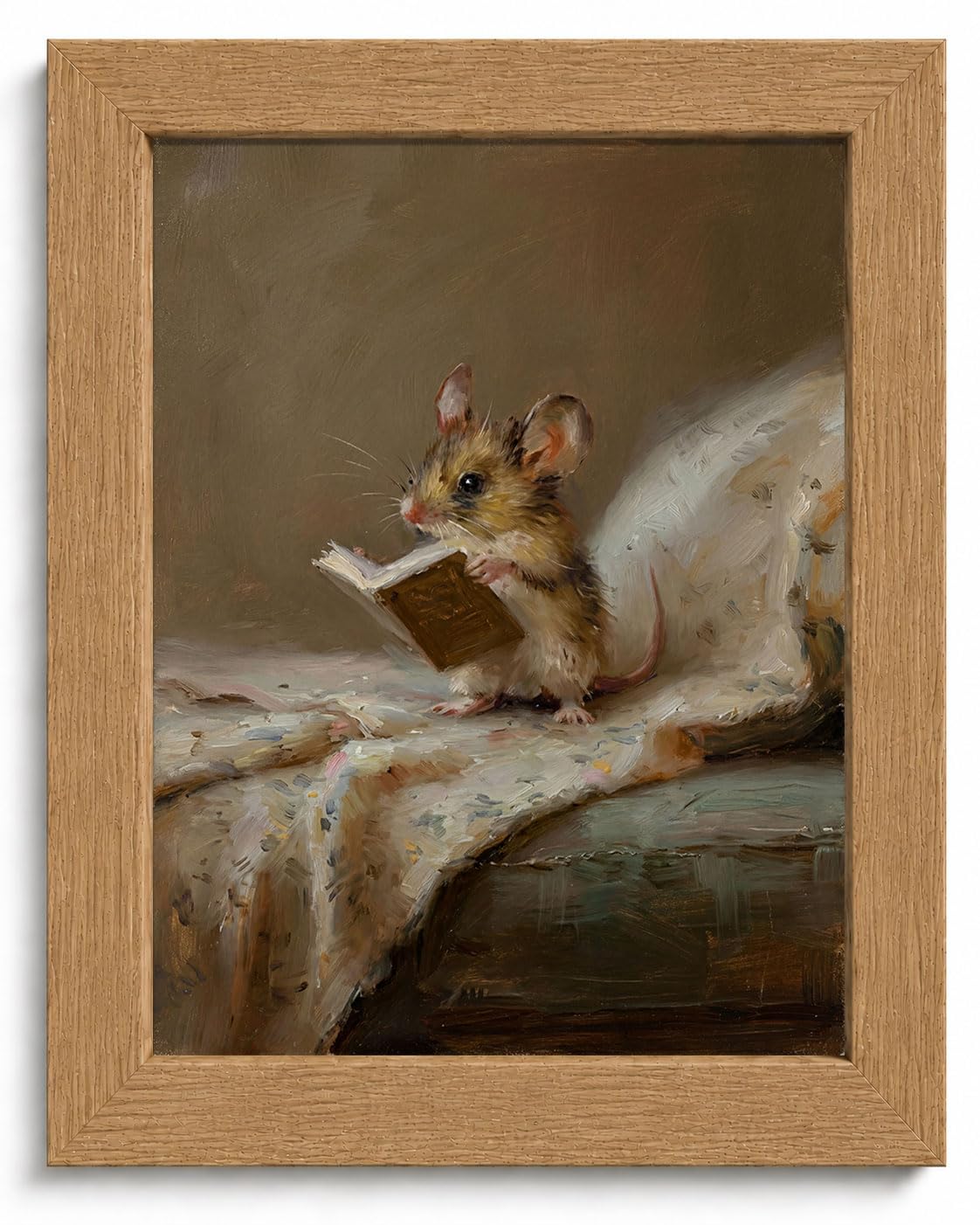 Vintage Mouse Reading Book Framed Wall Art Whimsical Cottagecore Decor (Mouse / 10"L x 8"W)