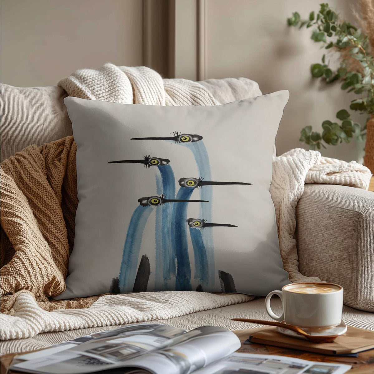 Japanese Crane Pillow Cover 18x18 (White-blue Heron Bird 19)
