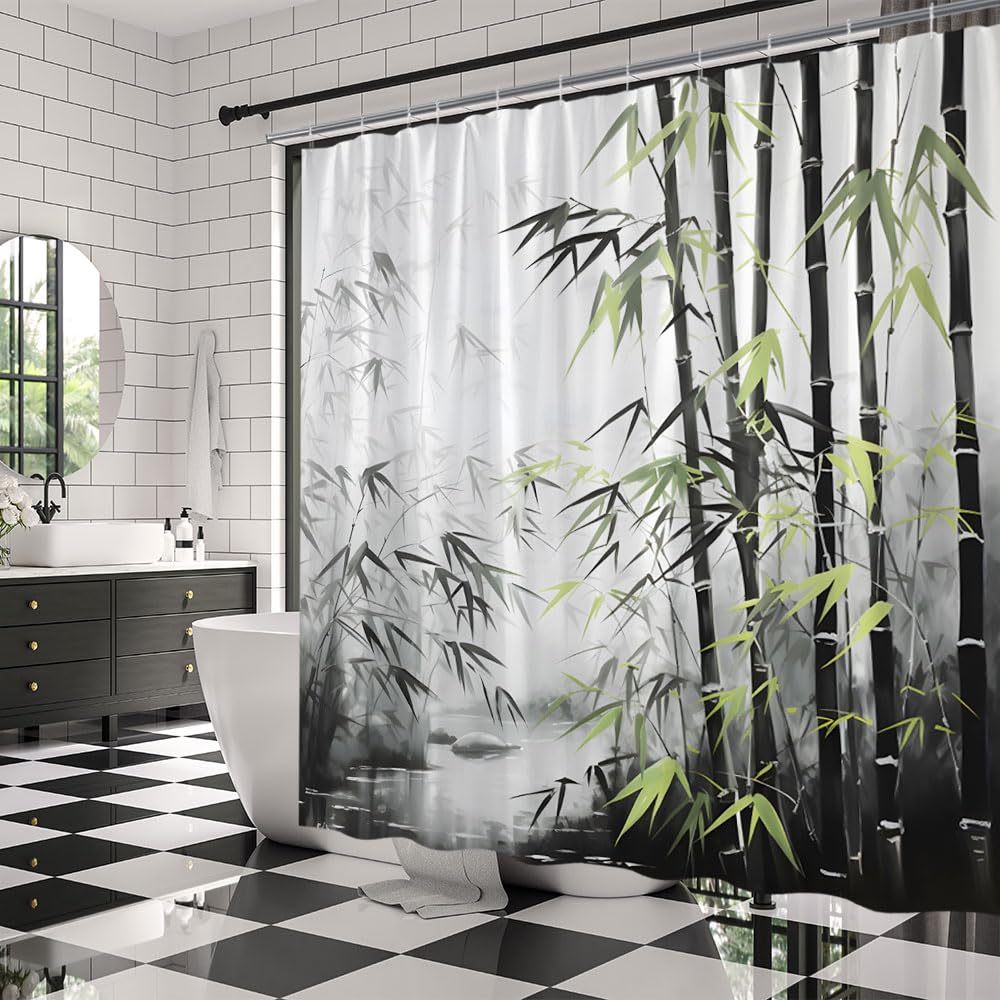 Bamboo Shower Curtain (Green Black / 70"W x 70"L (Pack of 1))