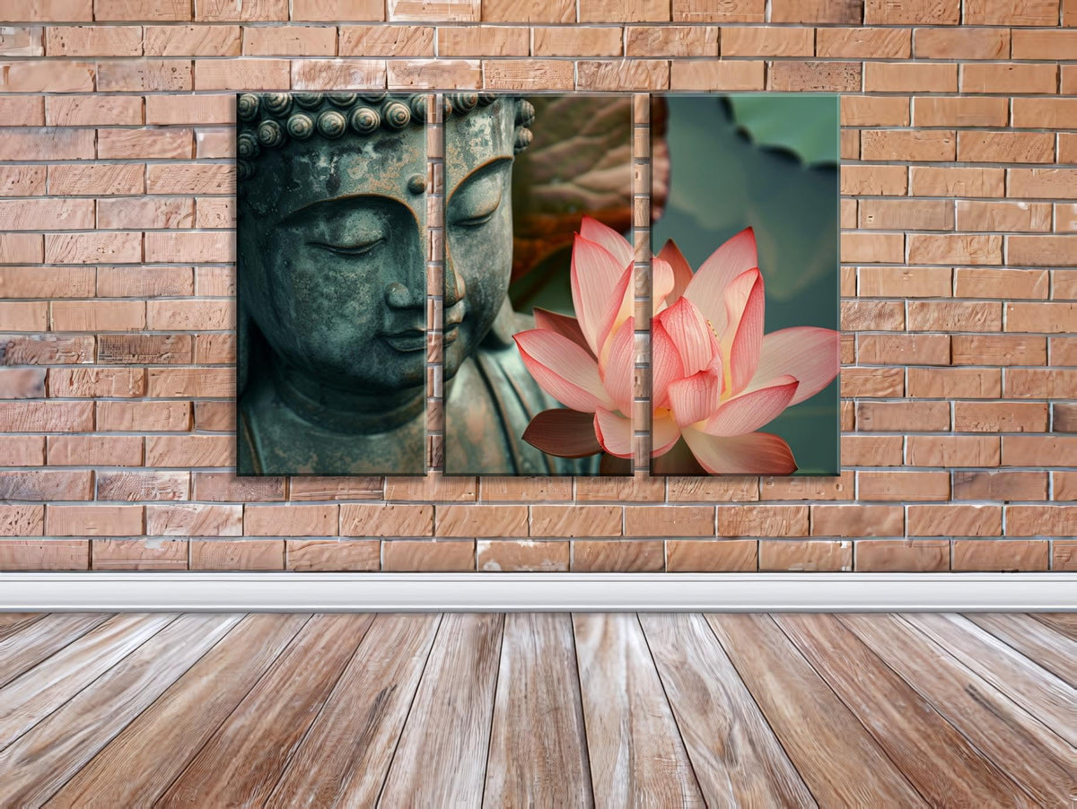 3Pcs Zen Buddha Lotus Flower Canvas Wall Art Spiritual Decor for Meditation Peaceful Home Decor Asian Cultural Symbolism Tranquil Art for Living Room Bedroom Office Ready to Hang (12"L x 24"W / 3PCS-Buddha)