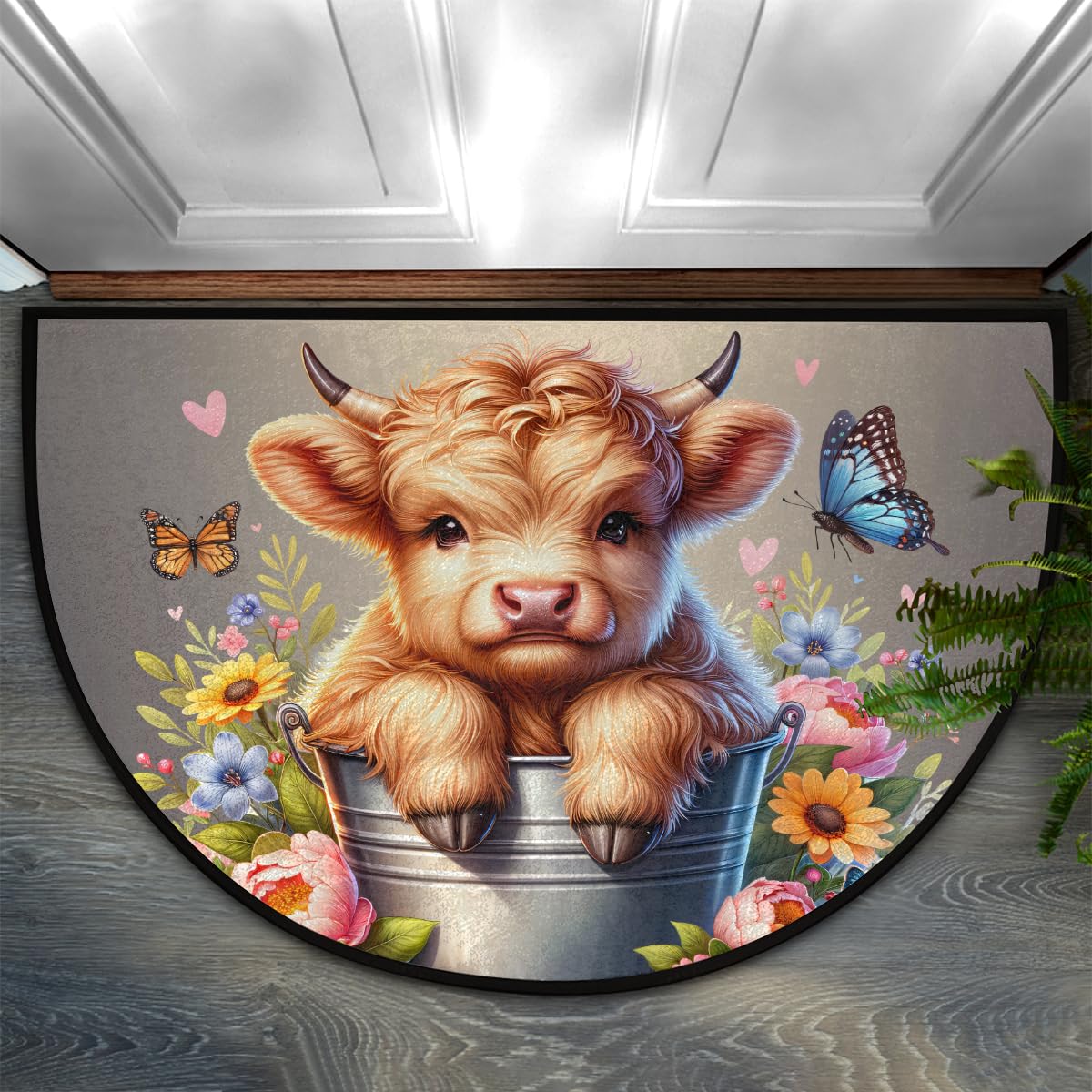 Highland Cow Half Round Door Rug Entrance Washable Half Circle Area Rugs (F Highland Cow Flower)