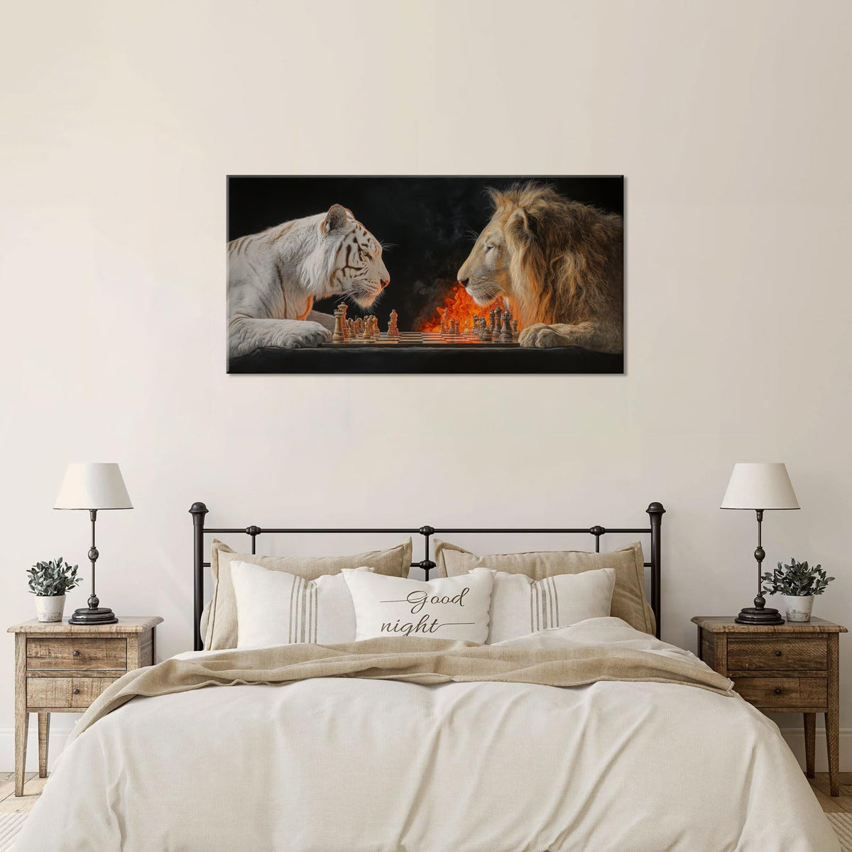 Gold Tiger Lion Chess Wall Art for Living Room Office Realistic Strategic Chess Match Symbolic Painting Prints Wildlife Canvas Artwork Dining Bedroom Decor (Abstract / White Gold Tiger Lion Chess Tree Wall Art / 40"L x 20"W)
