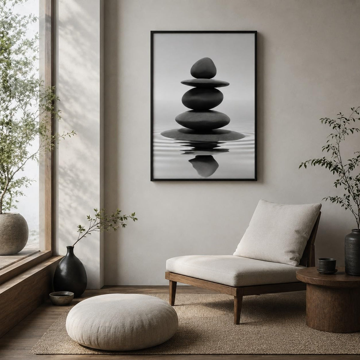 Framed Black and White Bathroom Wall Art Zen Stones in the water Bathroom Wall Art Yoga Meditation Picture Wall Decor Spa Room Bedroom Living Room Wall Painting Print (Framed Zen Stone / 36L" x 24W")