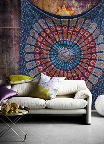 Kp749 King Size Hippie Mandala Bohemian Psychedelic Intricate Floral Design Indian Bedspread Magical Thinking Tapestry King Size Neavy Blue (108"L x 90"W / Neavy_Blue)