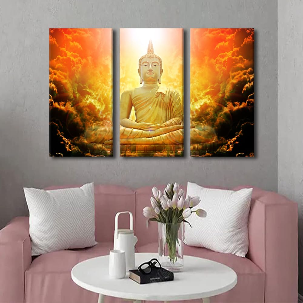 Golden Buddha Canvas Wall Art 3 Panel Bedroom Decor Modern Buddha Sculpture Canvas Poster Prints on Canvas Golden Buddha Heaven Cloud Picture for Office Wall Decor Stretched Ready to Hang 42x28 in (42x28 in / 3PANEL-02)