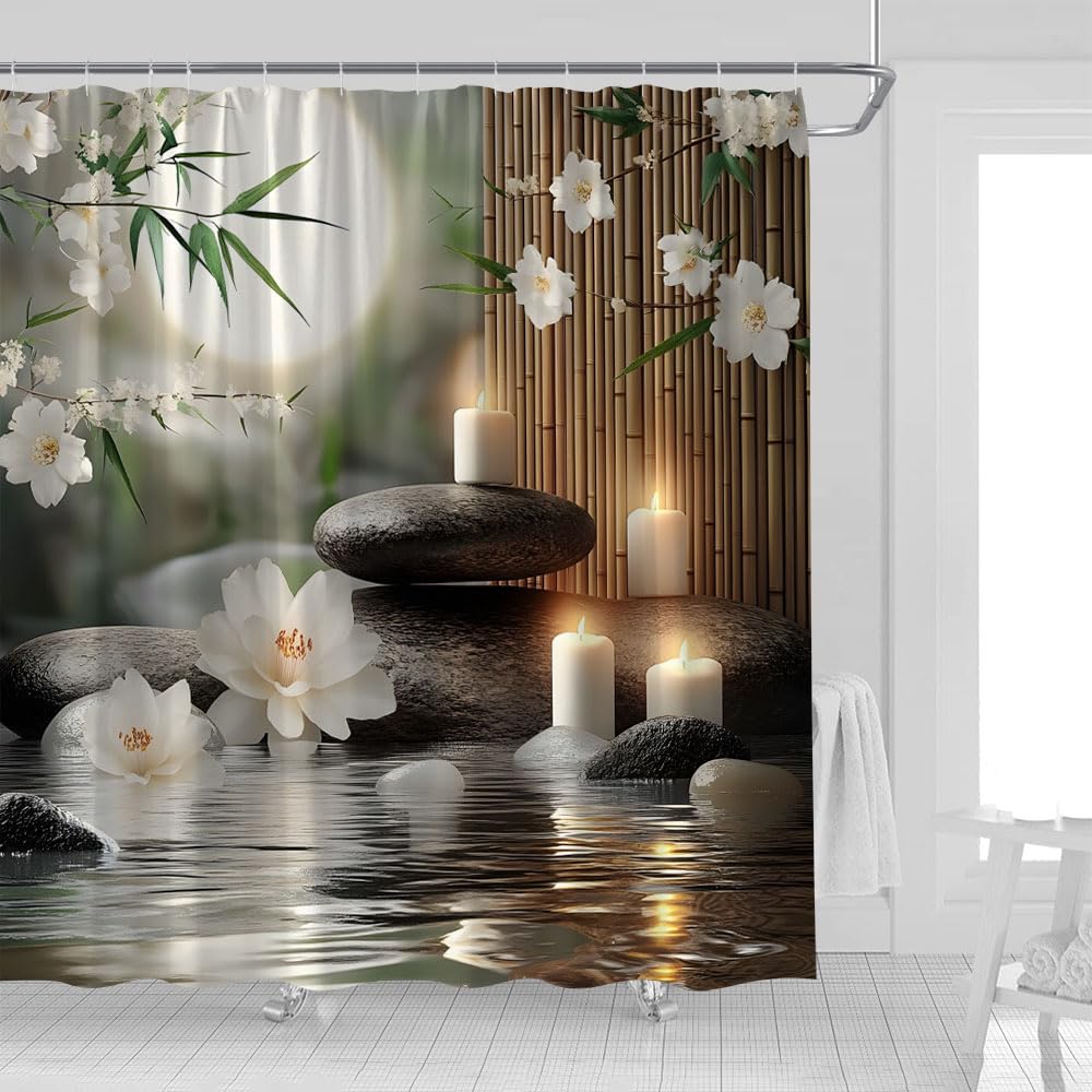 Lotus Floral Bamboo Shower Curtain Zen Stone Spa Flowers Pastel Full Moon Relaxing Asian Garden Scenery Fabric Bathroom Decor Curtains with Hooks (Green / 80"W x 70"L (Pack of 1))