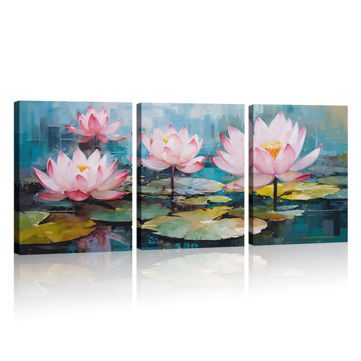Lotus Canvas Wall Art 3 Pieces Pink Flower with Lotus Leaf in River Pictures Prints Wall Decor Nature Landscape Painting Modern Artwork for Living Room Bathroom Bedroom Office Home (Lotus-4 / 20.00"x28.00"x3P)