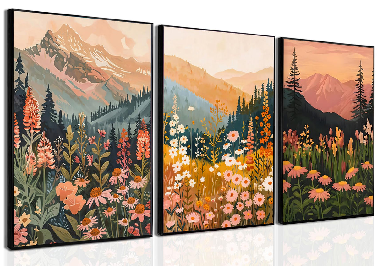Boho Colorful Watercolor Mountain Posters Wall Art Set of 3 Wildflower Canvas Wall Decor Abstract Nature Landscape Artwork Paintings Picture Print for Living Room Bedroom Office 16x24In Unframed (Tree poster / 24L"x16W")