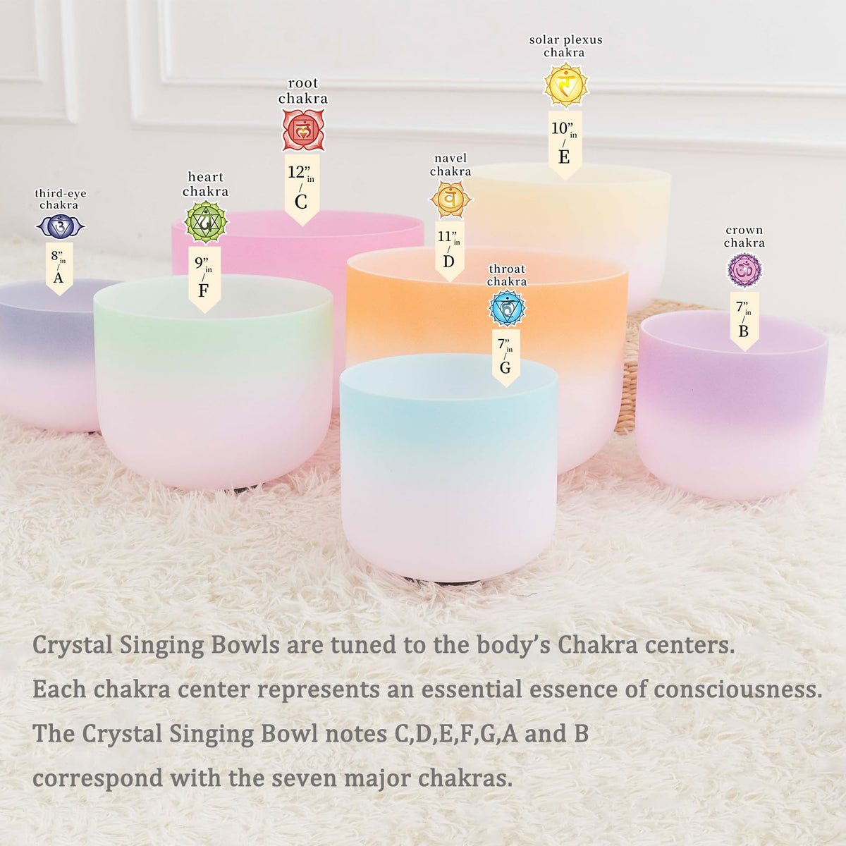 432hz Crystal Singing Bowl Set of 7PCS Rainbow Gradient Sound Bowls (7-12inch 432hz Double Color 7pcs)