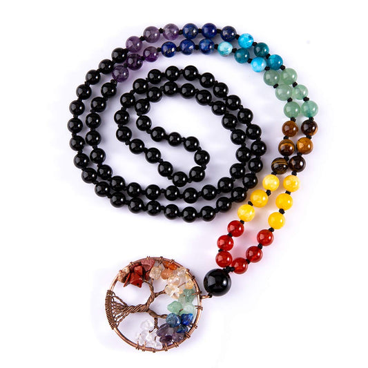 108 Mala Beads Necklace Tree of Life 7 Chakra Wrap Bracelet Real Healing Gemstone Yoga Meditation Hand Knotted Mala Prayer Bead Necklace (6mm / Black Agate)