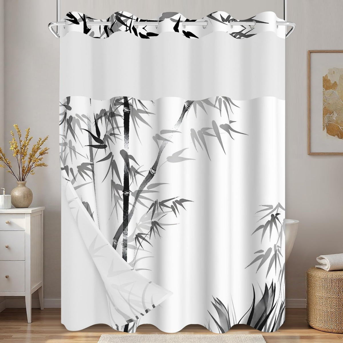 Bamboo No Hook Shower Curtain with Snap in Liner (Bamboo)