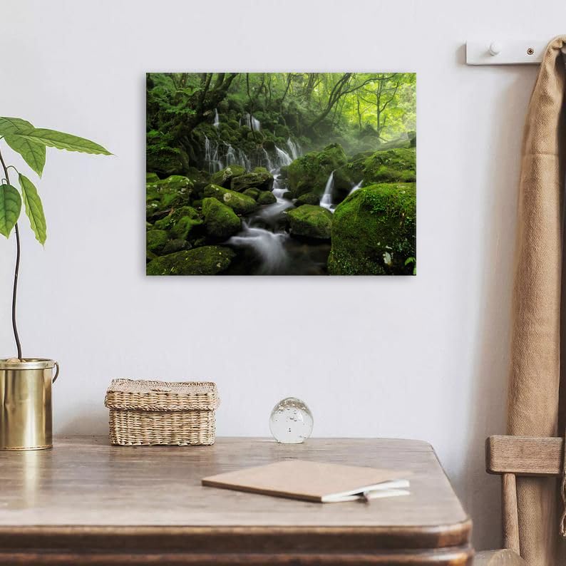 Waterfall Canvas Wall Art for Living Room Nature Forest Picture Wall Decor Foggy Mountain Landscape Painting Prints Green Moss Scenery Poster Stream Artwork Home Bedroom Office Decorations 12x16” (16"L x 12"W / STREAMFORT)